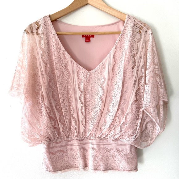 Elle Tops - Elle Pink Lace V-Neck Dolman Sleeve Romantic Coquette Boho Balletcore Blouse